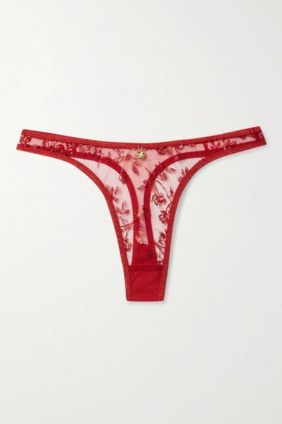 Shop Agent Provocateur Zadi Metallic Embroidered Tulle Thong In Red