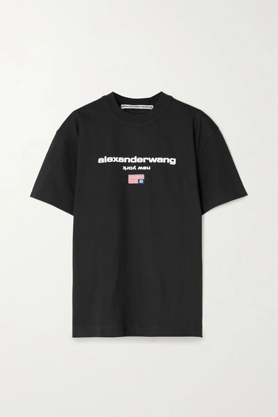 Shop Alexander Wang Embroidered Printed Cotton-jersey T-shirt In Black