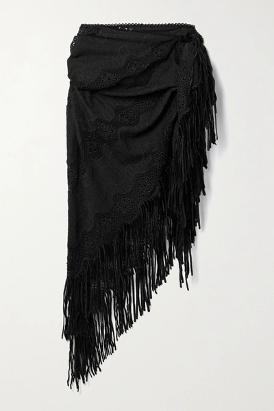 Shop Miguelina Julia Fringed Crochet-trimmed Embroidered Cotton-blend Pareo In Black