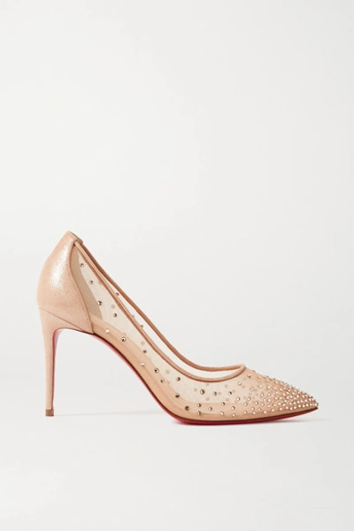 Shop Christian Louboutin Follies 85 Crystal-embellished Mesh And Glittered-leather Pumps In Neutral
