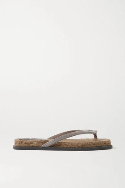 Shop Brunello Cucinelli Beaded Leather Espadrille Flip Flops In Brown