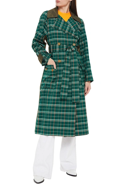 Shop Mcq By Alexander Mcqueen Oversized Shell-paneled Checked Wool And Cotton-blend Trench Coat In Emerald
