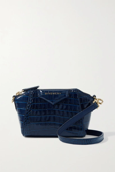 Shop Givenchy Antigona Nano Croc-effect Leather Shoulder Bag In Navy