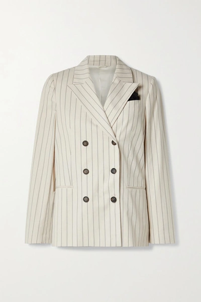 Shop Brunello Cucinelli Regimental Double-breasted Pinstriped Cotton-blend Blazer In Beige