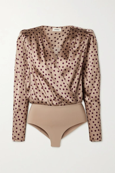 Shop L Agence Brenda Wrap-effect Polka-dot Silk-blend Satin And Stretch-jersey Bodysuit In Beige