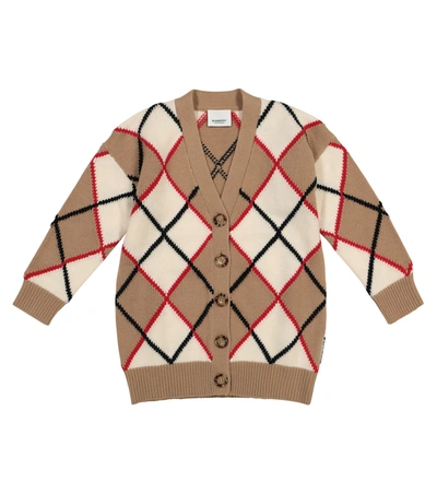 Shop Burberry Argyle Wool And Cashmere Cardigan In Brown