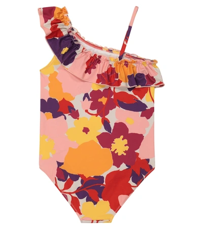 Shop Il Gufo Ruffled Floral Swimsuit In Red