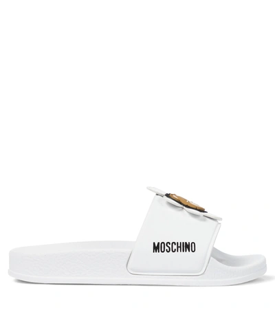 Shop Moschino Logo Leather Slides In White