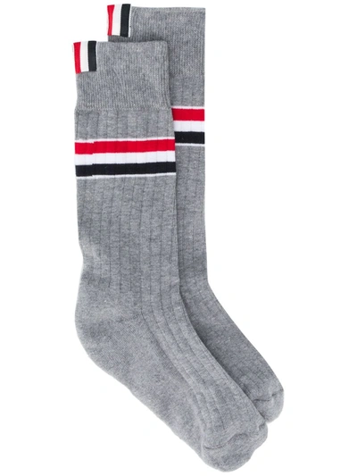 Shop Thom Browne Stripe-print Athletic Mid-calf Socks In Grey