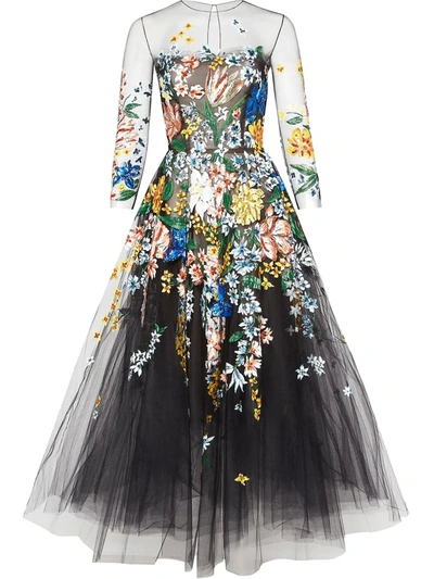 Floral-embellished tulle midi dress top