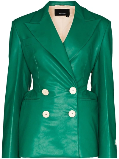 Shop Anouki Double-breasted Faux-leather Blazer In Green