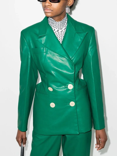 Shop Anouki Double-breasted Faux-leather Blazer In Green