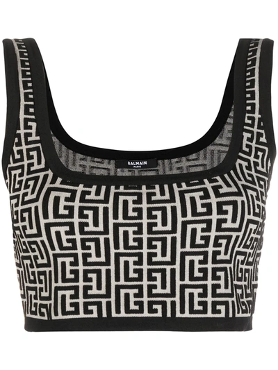 Balmain Monogram Jacquard Wool Blend Crop Top In Neutrals