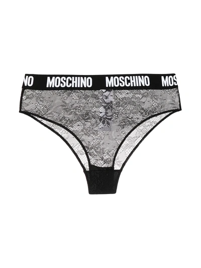 Shop Moschino Logo-waistband Floral Lace Briefs In Black
