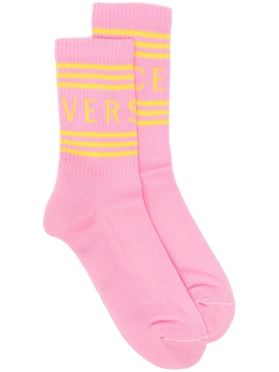 Shop Versace Ribbed Logo Socks In Pink