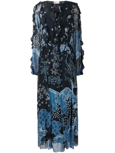 Shop Red Valentino Patterned Tie-neck Maxi Dress In Blue