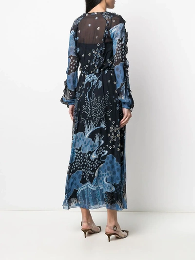 Shop Red Valentino Patterned Tie-neck Maxi Dress In Blue