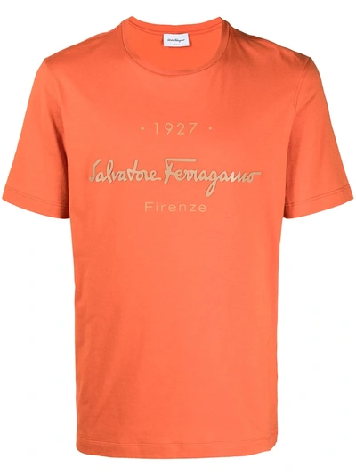Shop Ferragamo Logo Print Cotton T-shirt In Orange