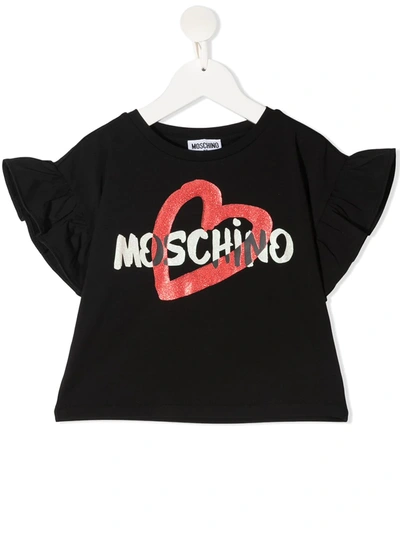 Shop Moschino Ruffle-sleeve Logo Print T-shirt In Black