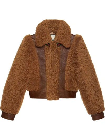 Shop Gucci Cropped Shearling Jacket In Brown