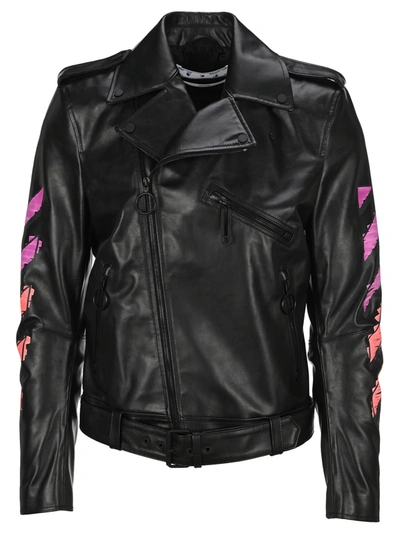 Shop Off-white Off White Arrow Printed Leather Jacket In Black Fucsia