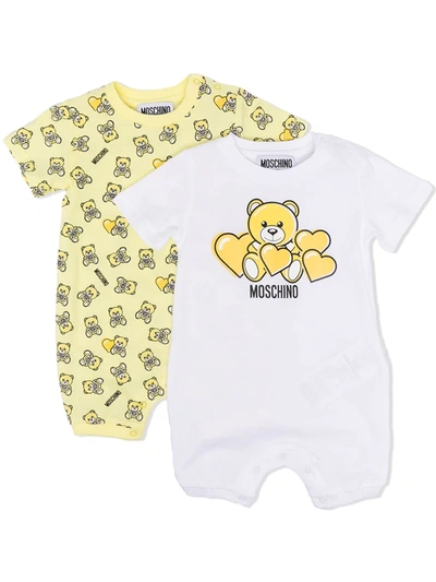 Shop Moschino Signature Teddy Print Baby Grow Set In 黄色
