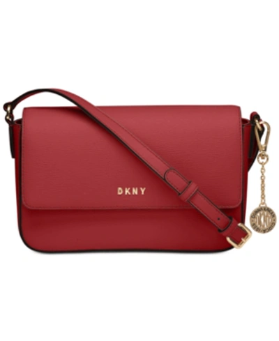 Shop Dkny Bryant Medium Leather Flap Crossbody In Bright Red/gold