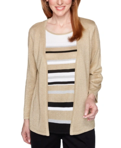 Shop Alfred Dunner Classics Striped Metallic Layered-look Sweater In Gold