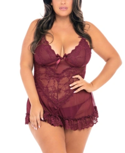 Shop Oh La La Cheri Plus Size Soft Cup Lacey Babydoll With Bows And G-string In Zinfandel