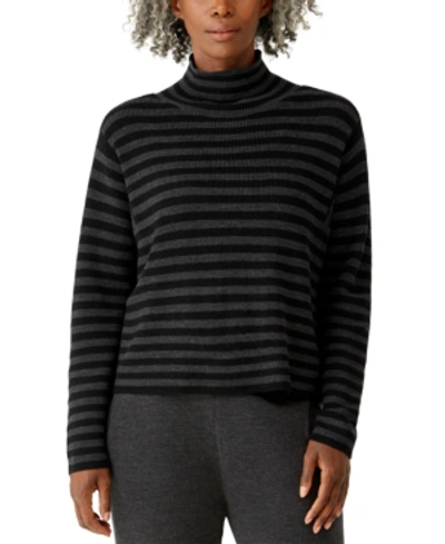 Shop Eileen Fisher Striped Turtleneck Sweater In Charcoal