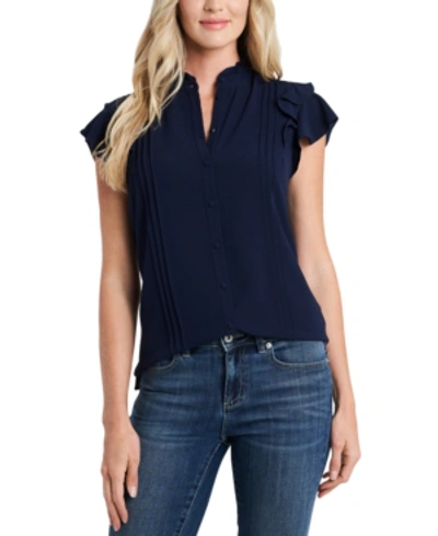 Shop Cece Pintuck Ruffled Blouse In Deep Marine