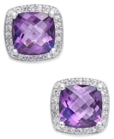 Shop Macy's Amethyst (1-3/4 Ct. T.w.) And Diamond (1/8 Ct. T.w.) Halo Stud Earrings In Sterling Silver In Purple