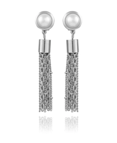 Shop T Tahari Women's Pearl And Chain Drop Earring In Silver-tone