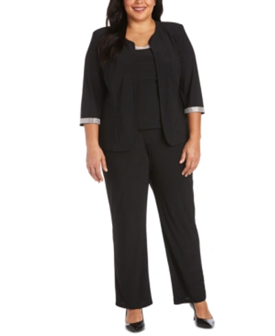 Shop R & M Richards Plus Size Rhinestone-trim Jacket, Top & Pants Set In Black