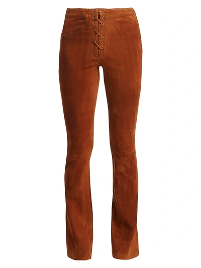 Shop Frame Women's High-rise Mini Bootcut Suede Lace-up Pants In Terracotta