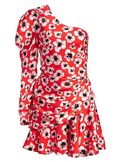 Shop Borgo De Nor Women's Christina Floral One-sleeve Side Ruche Mini Dress In Leopard Floral Red White