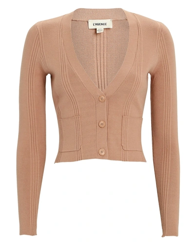 Shop L Agence Jamie Cropped Rib Knit Cardigan In Beige