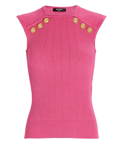 Shop Balmain Button-embellished Knit Tank Top In Pink