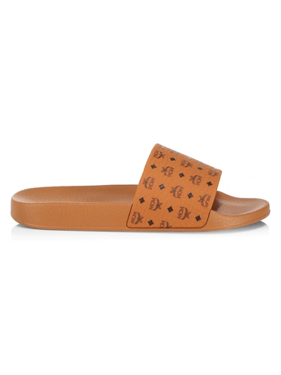 Shop Mcm Men's Logo Leather Pool Slide Sandals In Cognac