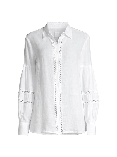 Shop 120% Lino Embroidered Bishop-sleeve Covered Placket Shirt In White