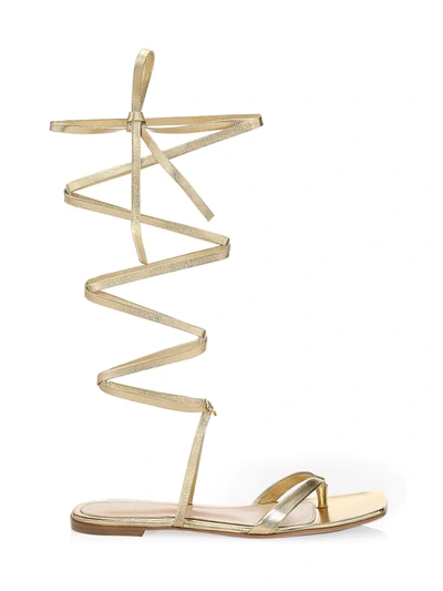 Shop Gianvito Rossi Ribbon Metallic Leather Knee-high Gladiator Flat Sandals In Gold