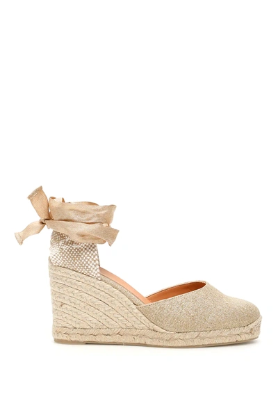 Shop Castaã±er Carina Lurex Wedge Espadrilles In Beige,gold