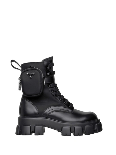 Shop Prada Ankle Pouch Combat Boots In Nero