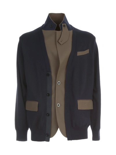Shop Sacai Knit X Suiting Cardigan In Navy Khaki