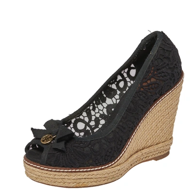 Pre-owned Tory Burch Black Lace And Canvas Trim Bow Wedge Espadrille Pumps Size 37