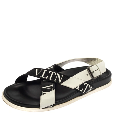 Pre-owned Valentino Garavani Black/white Leather And Nylon Logo Print Cross Strap Sandals Size 40