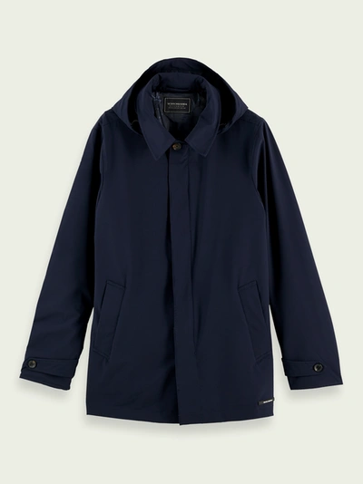 Shop Scotch & Soda Stretch Trench Coat With Removable Hood In Blue