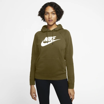 Shop Nike Sportswear Essential Women's Fleece Pullover Hoodie In Olive Flak,white