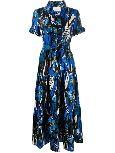 Shop La Doublej Iris-print Ruffled Silk Dress In Blue