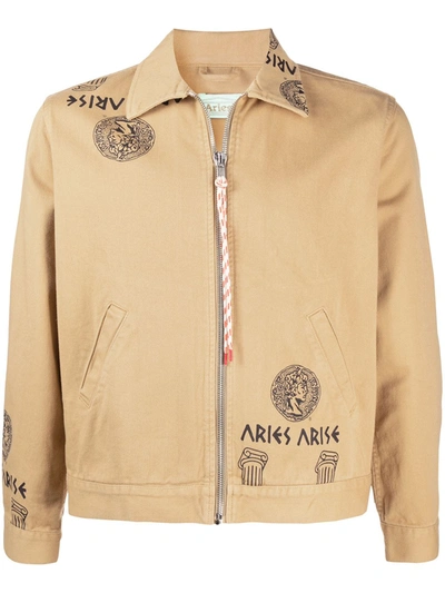 Shop Aries Temple Print Zipped Denim Jacket In Neutrals